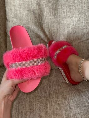Pink Furry Slide Sandals